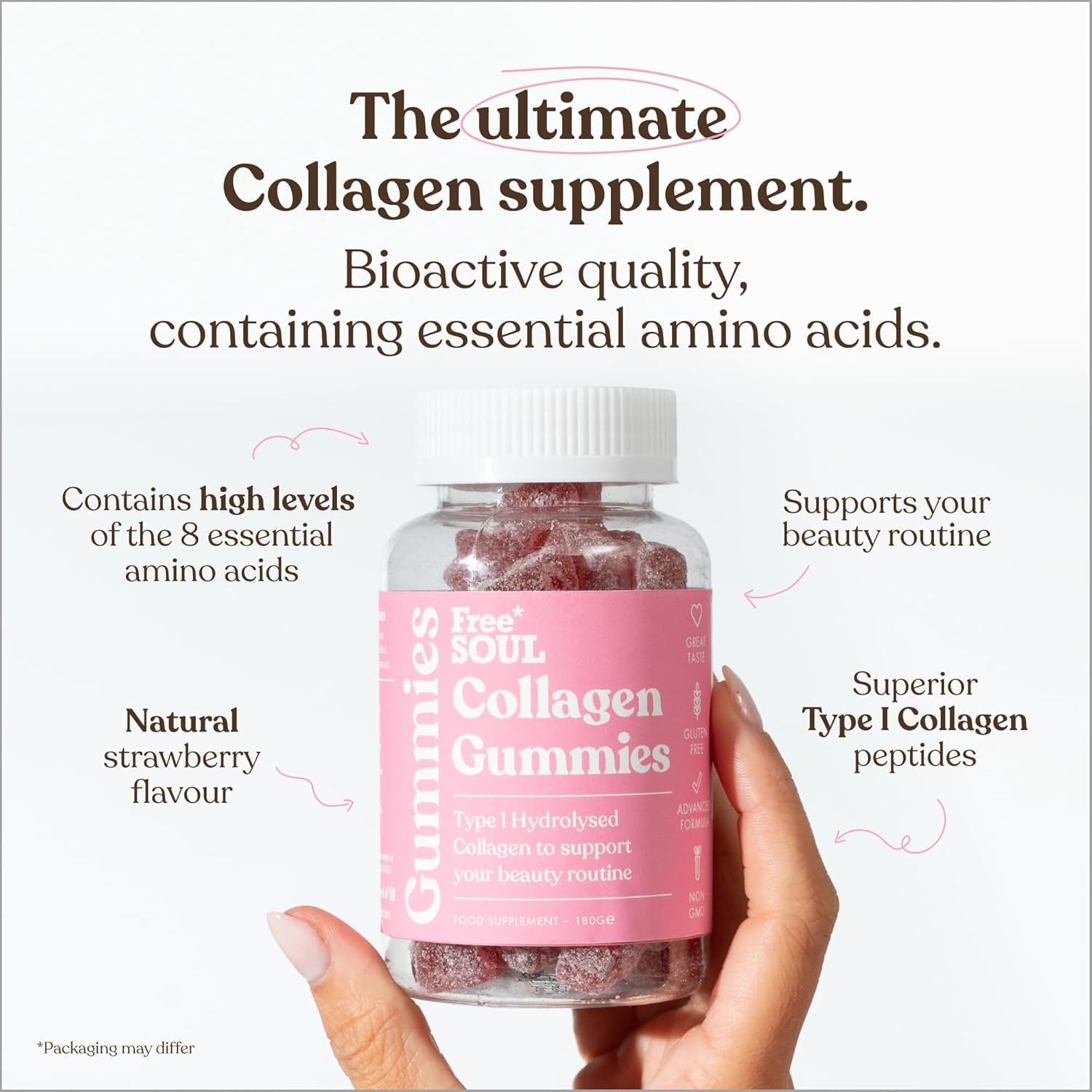 Collagen Gummies by Free Soul | High Strength Marine Collagen Supplement | Advanced Superior Type 1 Hydrolysed Collagen Peptides | Triple Strength Pure Formulation Supplement | 60 Gummies