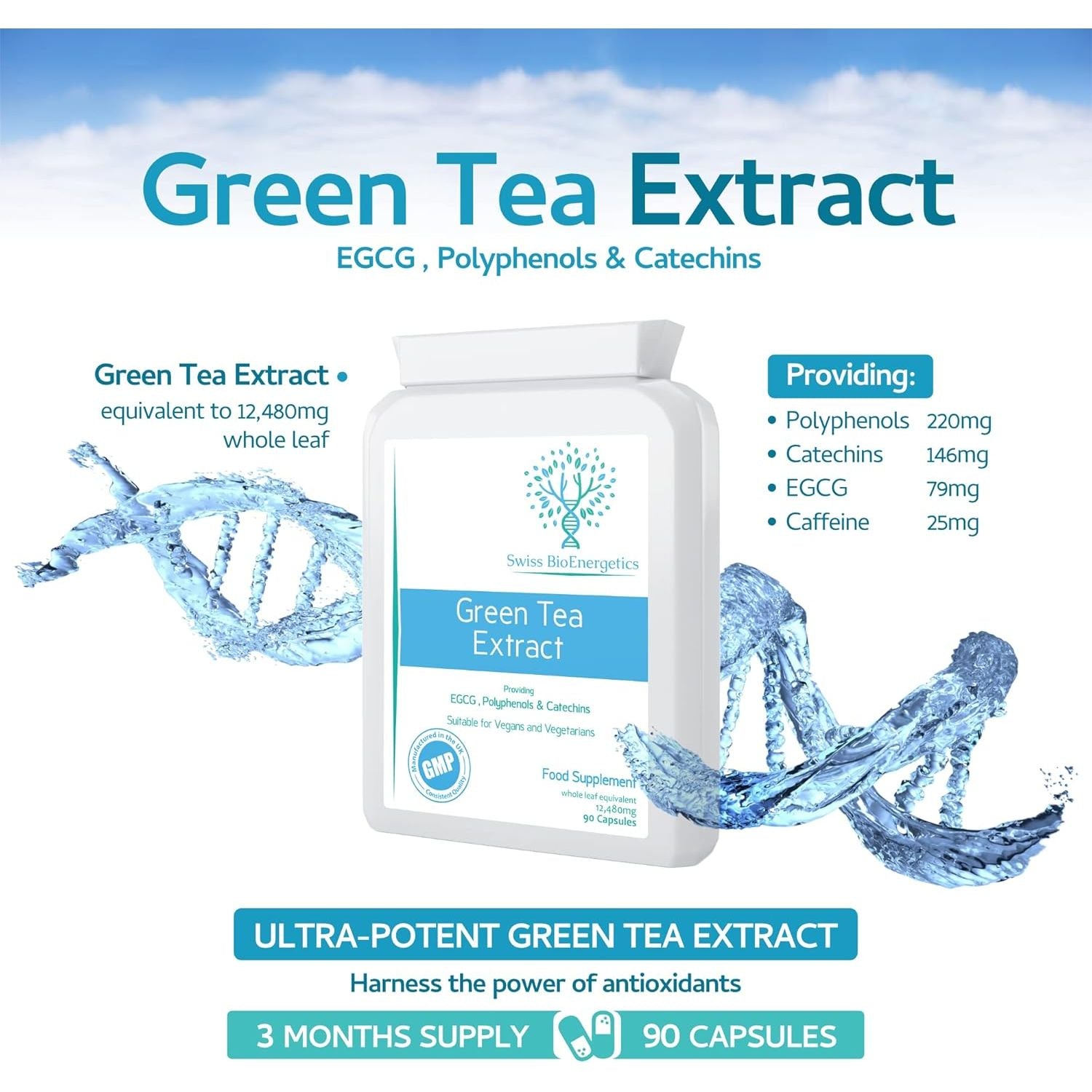 Green Tea Capsules - 12,480Mg - 90 Capsules of Premium Extract - Contains Polyphenols, Catechins & EGCG - Powerful Antioxidant for Immune Health - Not Green Tea Tablets - Made in UK