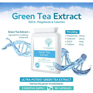 Green Tea Capsules - 12,480Mg - 90 Capsules of Premium Extract - Contains Polyphenols, Catechins & EGCG - Powerful Antioxidant for Immune Health - Not Green Tea Tablets - Made in UK