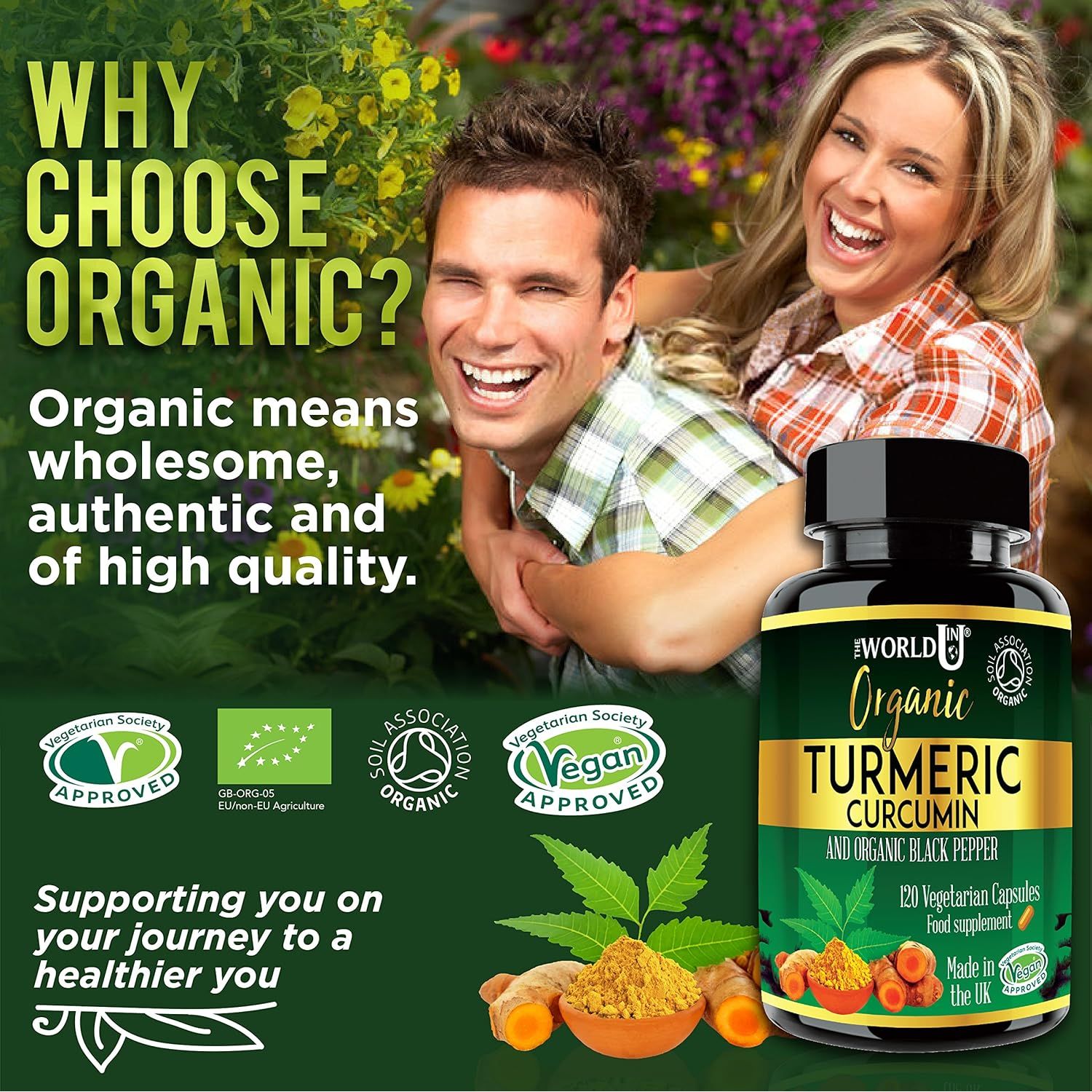 Ultra Pure Organic Turmeric Curcumin and Organic Black Pepper Capsules High Strength Food Supplement 120 Veg Capsules Soil Association Organic Certified and Vegetarian Society Approved - Made in UK
