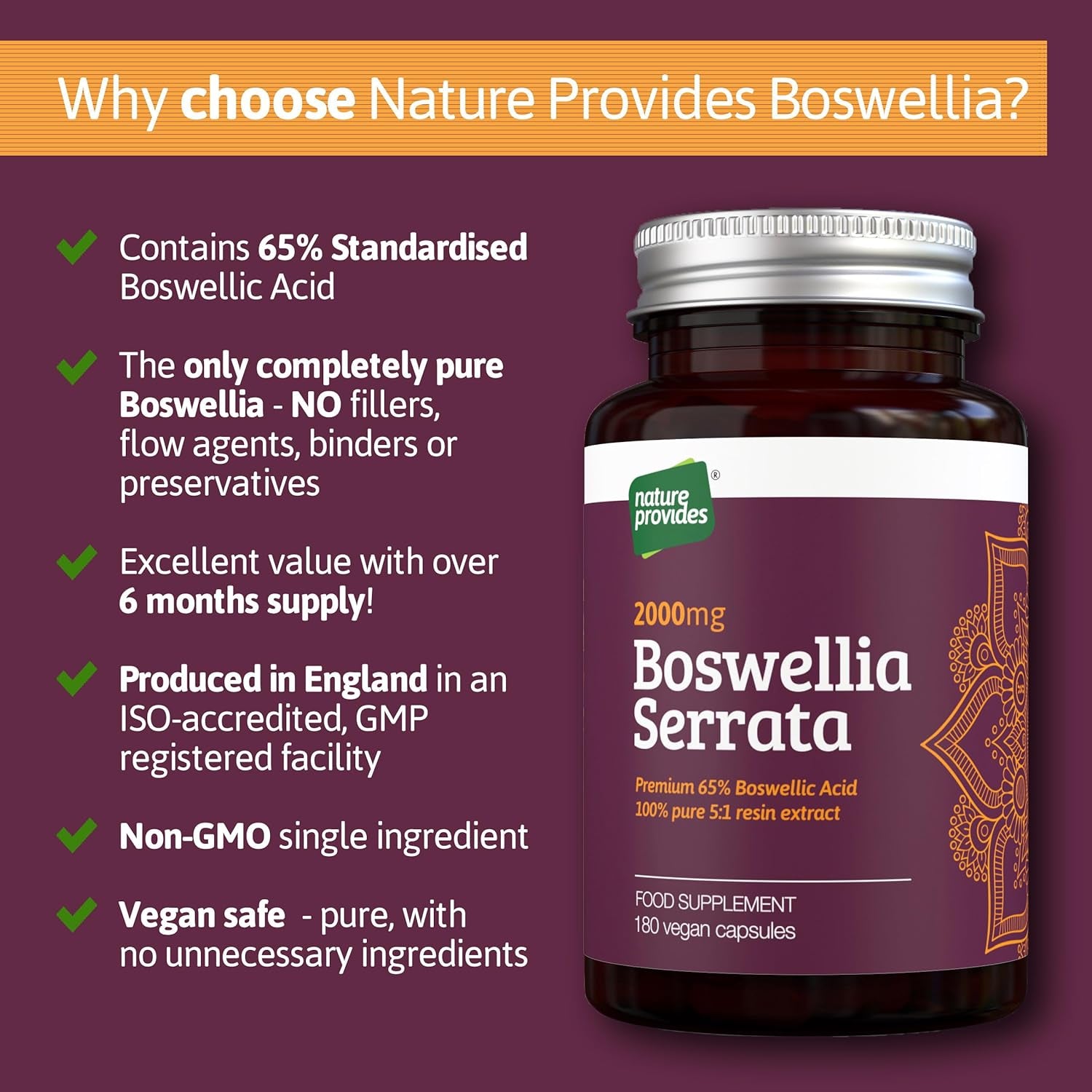 Boswellia Serrata Capsules/Tablets (2000Mg 5:1 Extract) Made in UK by Nature Provides - 180 Vegan Caps, 6 Months Supply, 65% Boswellic Acid, Indian Frankincense, Joint Support, Anti-Inflammatory
