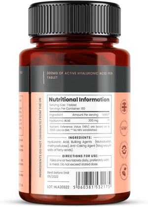 Triple Strength Hyaluronic Acid Supplement – 300Mg per Tablet | 180 Tablets | 6 Months Supply.