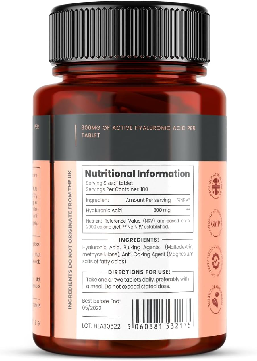 Triple Strength Hyaluronic Acid Supplement – 300Mg per Tablet | 180 Tablets | 6 Months Supply.