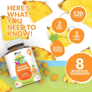 Kids Tummy Gummies - Friendly Probiotics for Children - 120 Vegan Vitamin Gummies - Pineapple Flavour - Lactobacillus and Bifidobacterium & Vitamin B3, B5, B6 & C for Gut Health - Nu U Nutrition