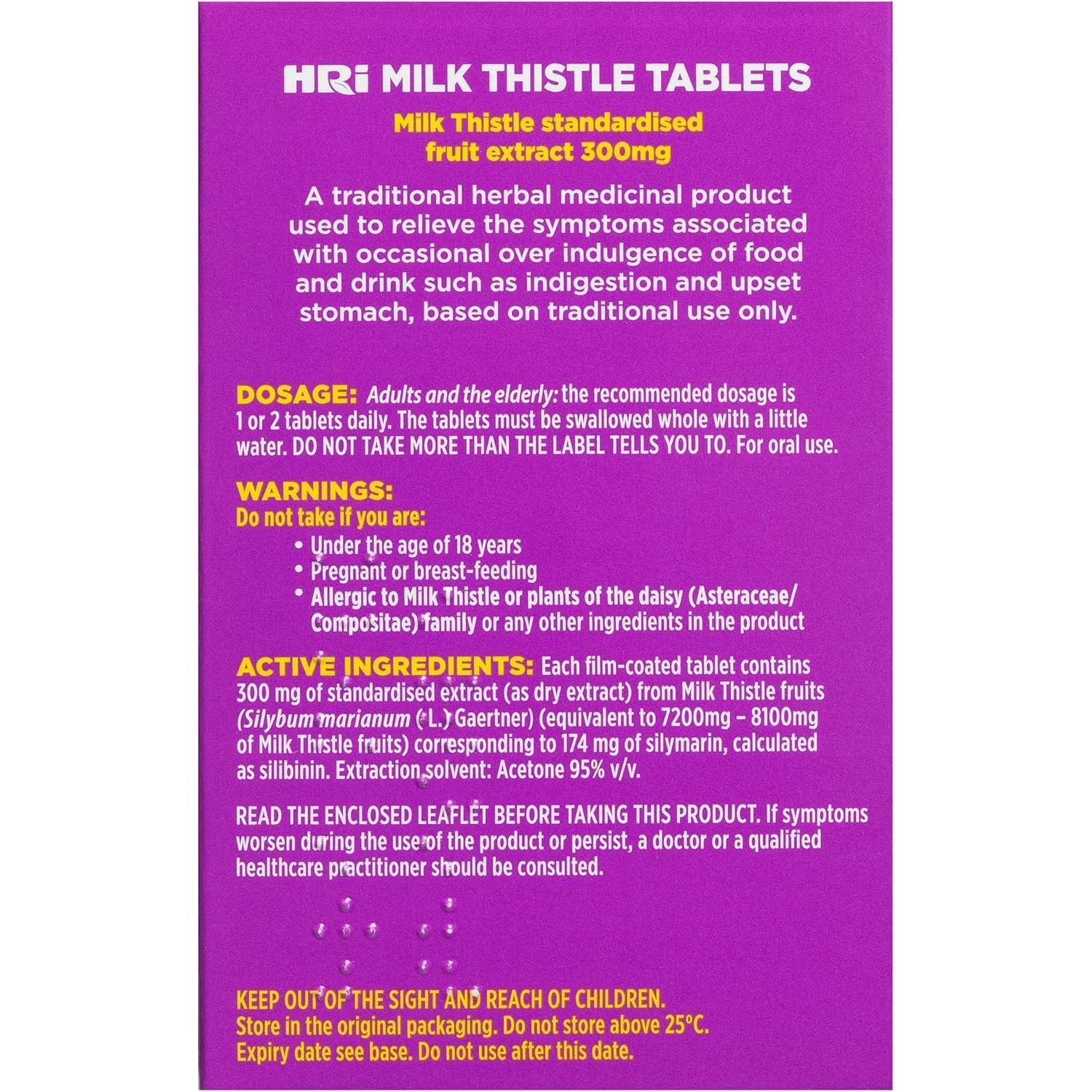 HRI Milk Thistle 30 Tablets - to Relieve Symptoms Associated with over Indulgence of Food and Drink Such as Indigestion and Upset Stomach. 300 Mg of Milk Thistle Extract. 1 Pack
