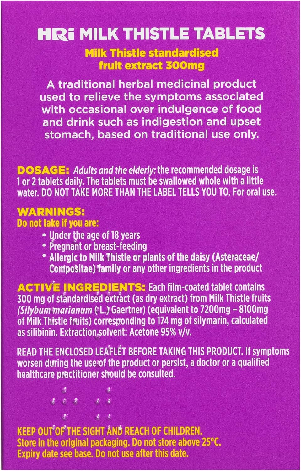 HRI Milk Thistle 30 Tablets - to Relieve Symptoms Associated with over Indulgence of Food and Drink Such as Indigestion and Upset Stomach. 300 Mg of Milk Thistle Extract. 1 Pack