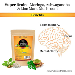 Super Brain- Moringa with Ashwagandha Lion Mane Mushroom 8600Mg- 100% Natural- No Added Fillers or Binders- Boost Your Brainpower and Enhance Mental Clarity