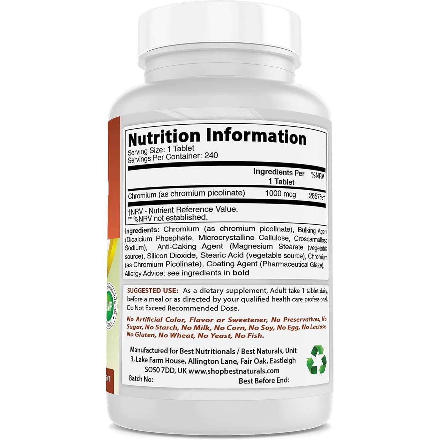 Best Naturals Chromium Picolinate 1000 Mcg Tablet - Supports Healthy Blood Sugar Levels, 240 Count