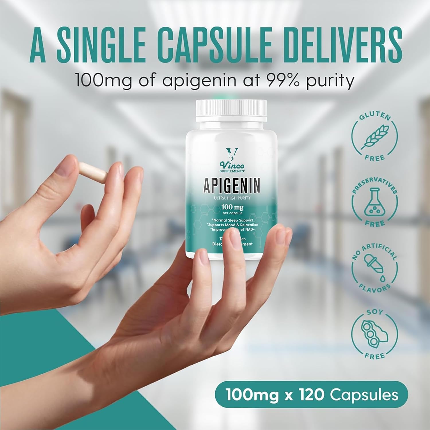 Vinco Apigenin 100Mg Supplement - 120 Sleep Capsules for Better Relaxation, 99%+ Pure Natural Formula - NAD Booster, Apigenin Sleep Supplements, Natural Sleep Aid for Adults - Made in the UK