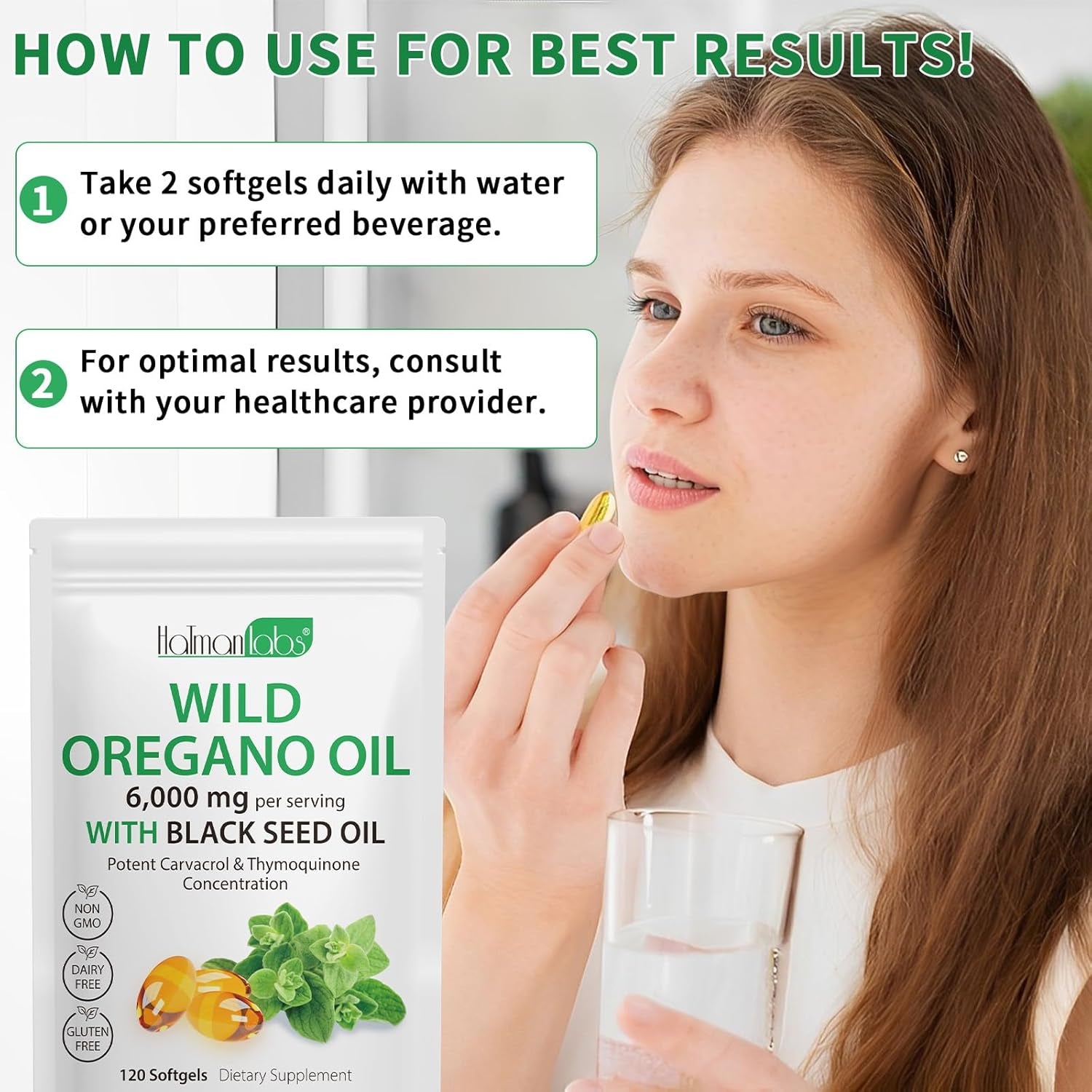 Oil of Oregano Softgels, 2 in 1 6000Mg Oil of Oregano with Black Seed 200Mg, Non-Gmo, Gluten Free, 120 Softgels, Herbal Supplement - Non-Gmo, Supports Immune & Digestive Health