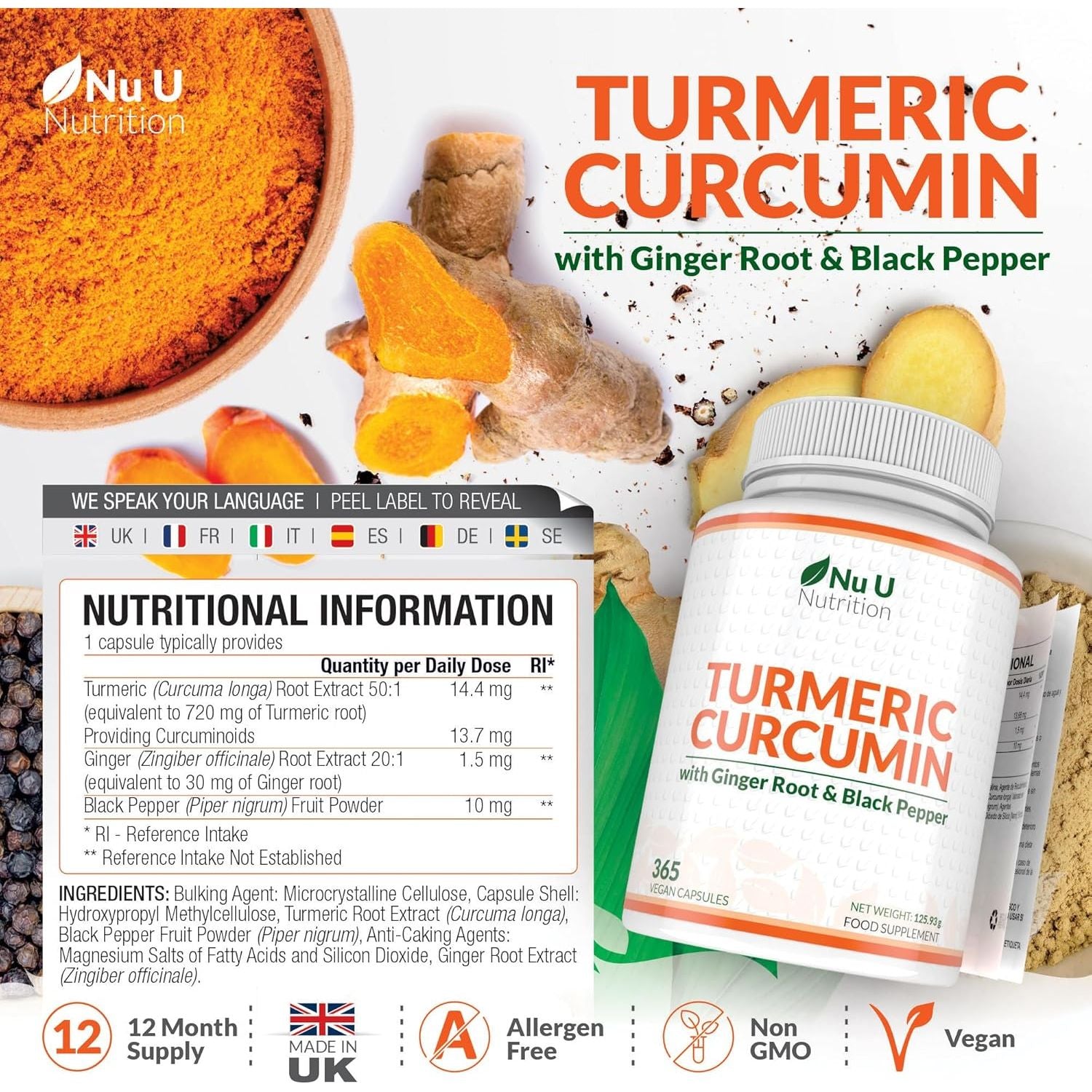 Turmeric and Black Pepper with Ginger Complex - 365 Vegan Capsules - 1 Year Supply - Tumeric Supplement Joints - High Strength Curcumin 95% Extract - Nu U Nutrition