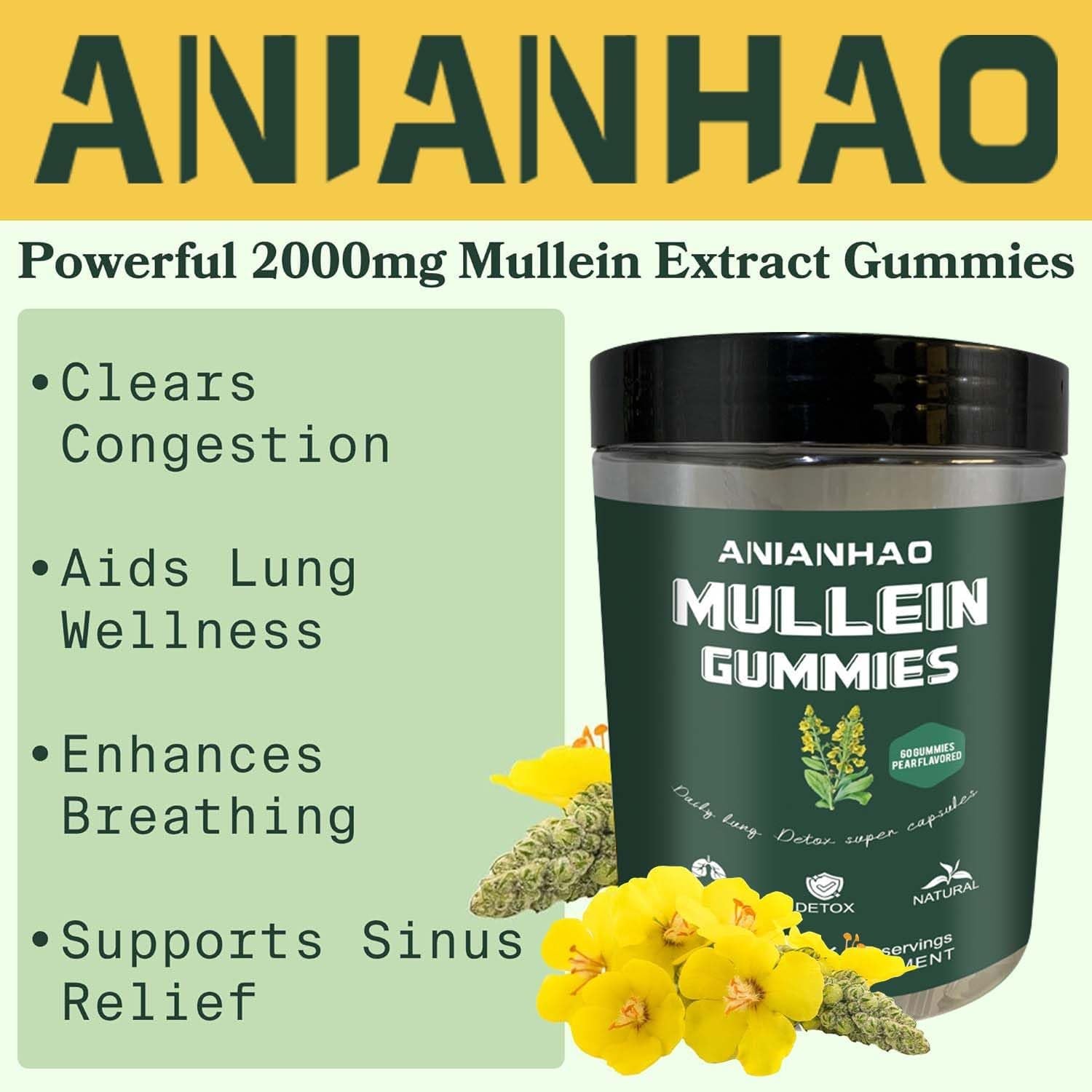 Mullein Gummies - Mullein Leaf Extract for Lungs - Mullein Leaf Gummies 2000Mg for Lung Cleanse Detox Herbal Dietary Supplement- Mucus Remover & Mucus Relief (One Bottle)