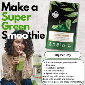 Earths Basket Organic Super Greens Powder - 100G - Blend of Spirulina, Chlorella, Wheatgrass & Barley Grass - Rich in Vitamin A, B12 & Iron
