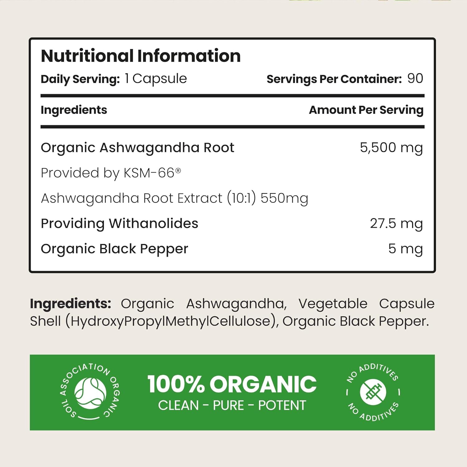 Ashwagandha High Strength Capsules | 3 Month Supply | 5500Mg | Organic Ashwagandha KSM 66 Root Extract Powder | Clean Formula Herbal Supplements | Vitabright UK