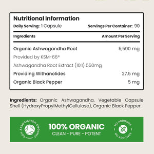 Ashwagandha High Strength Capsules | 3 Month Supply | 5500Mg | Organic Ashwagandha KSM 66 Root Extract Powder | Clean Formula Herbal Supplements | Vitabright UK