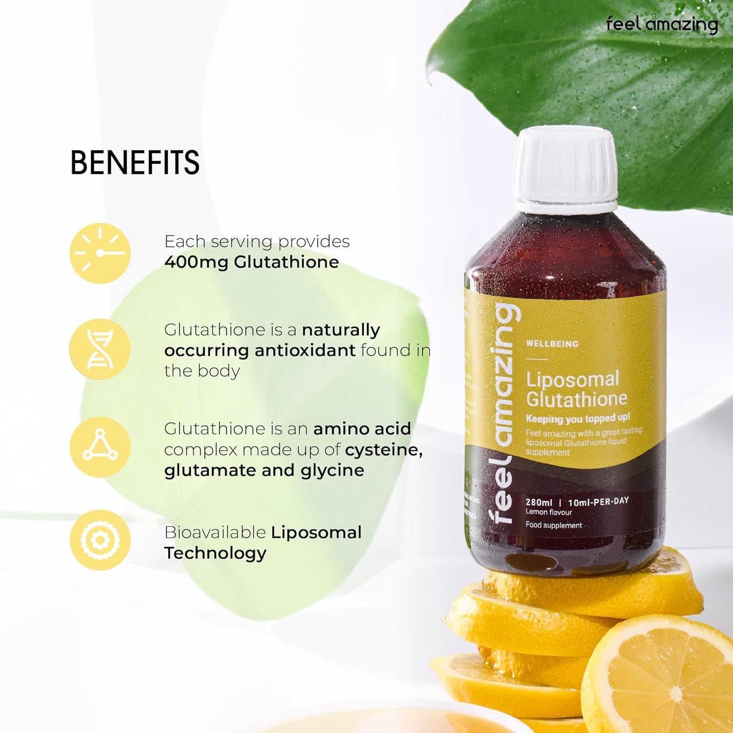 Feel Amazing Liposomal Glutathione Liquid 280Ml - 400Mg/Serving - Antioxidant Boost - Immune System Superhero - 3 Essential Amino Acids