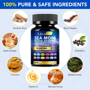 Sea Moss Complex-19,445Mg Sea Moss Capsules with Black Seed Oil& Ashwagandha, Ginger- 60 High Strength Capsules Providing 30 Day Supply- Vegan&Halal