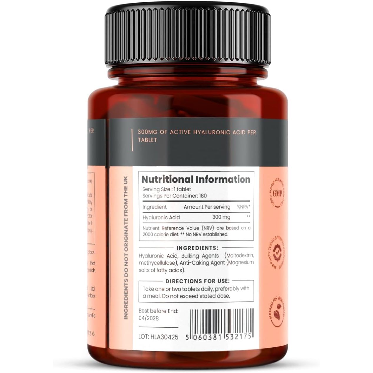 Triple Strength Hyaluronic Acid Supplement – 300Mg per Tablet | 180 Tablets | 6 Months Supply.