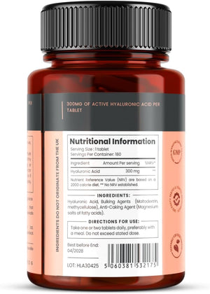 Triple Strength Hyaluronic Acid Supplement – 300Mg per Tablet | 180 Tablets | 6 Months Supply.