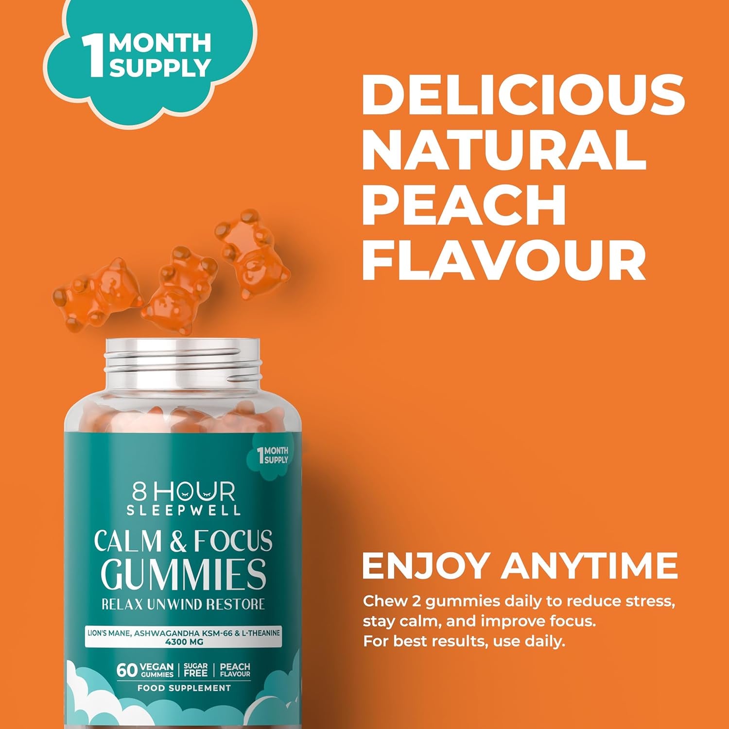 Lion'S Mane Mushroom & Ashwagandha KSM-66 Gummies - 4300Mg High Strength Supplement - 60 Sugar-Free & Vegan Gummies - with Zinc, B6 & B12 - for Calming, Mental Performance, and Nervous System Support