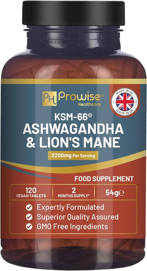 KSM-66 Ashwagandha and Lions Mane Tablets - High Strength 2200Mg | KSM-66 Ashwagandha Root Extract and Lions Mane Mushroom Extract - 120 Vegan Tablets with Black Pepper - UK Made by Prowise