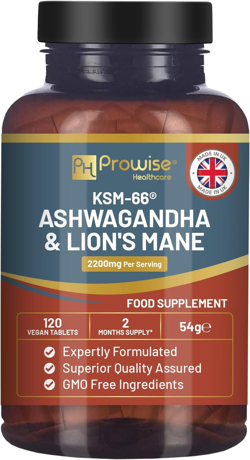 KSM-66 Ashwagandha and Lions Mane Tablets - High Strength 2200Mg | KSM-66 Ashwagandha Root Extract and Lions Mane Mushroom Extract - 120 Vegan Tablets with Black Pepper - UK Made by Prowise
