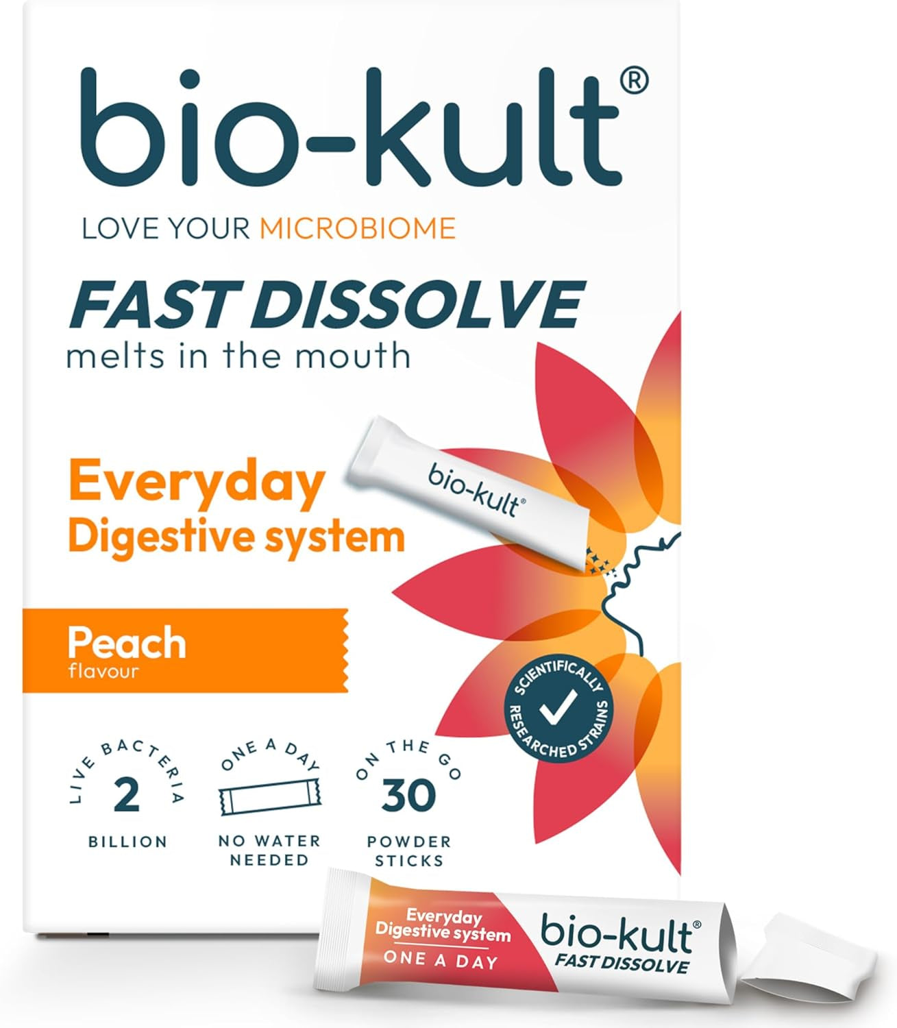Bio-Kult Everyday Fast Dissolves Powder for Gut Health | 3B CFU + Vitamins C & D | Daily Digestive Support | Peach Flavour | 30 Sachets