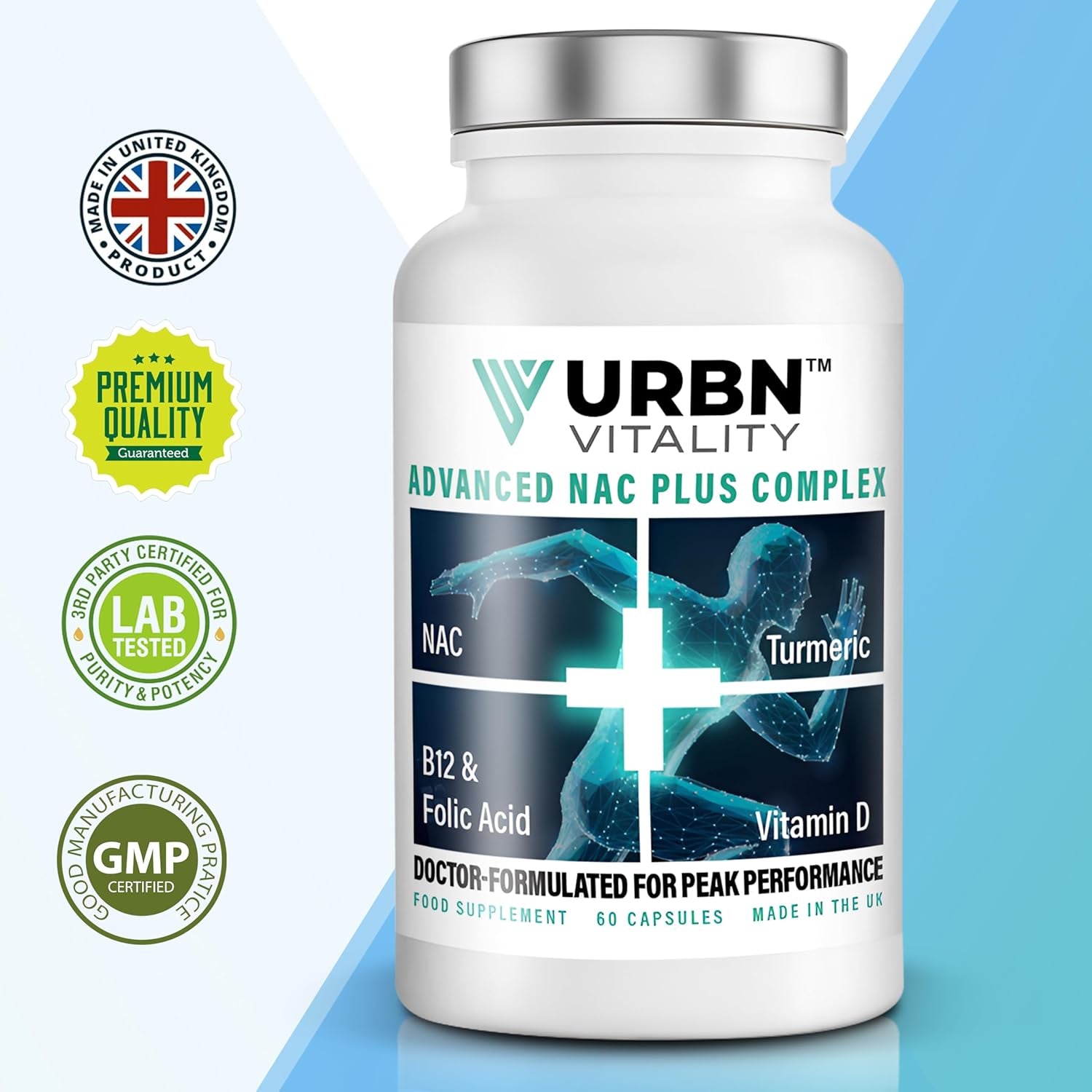 Urbn Vitality NAC + Turmeric Complex | Vitamin D3, B12 & Folate | 12-In-1 Supplement with Piperine | Energy, Recovery & Immune Support | 60 Vegetarian Capsules