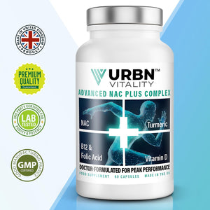 Urbn Vitality NAC + Turmeric Complex | Vitamin D3, B12 & Folate | 12-In-1 Supplement with Piperine | Energy, Recovery & Immune Support | 60 Vegetarian Capsules