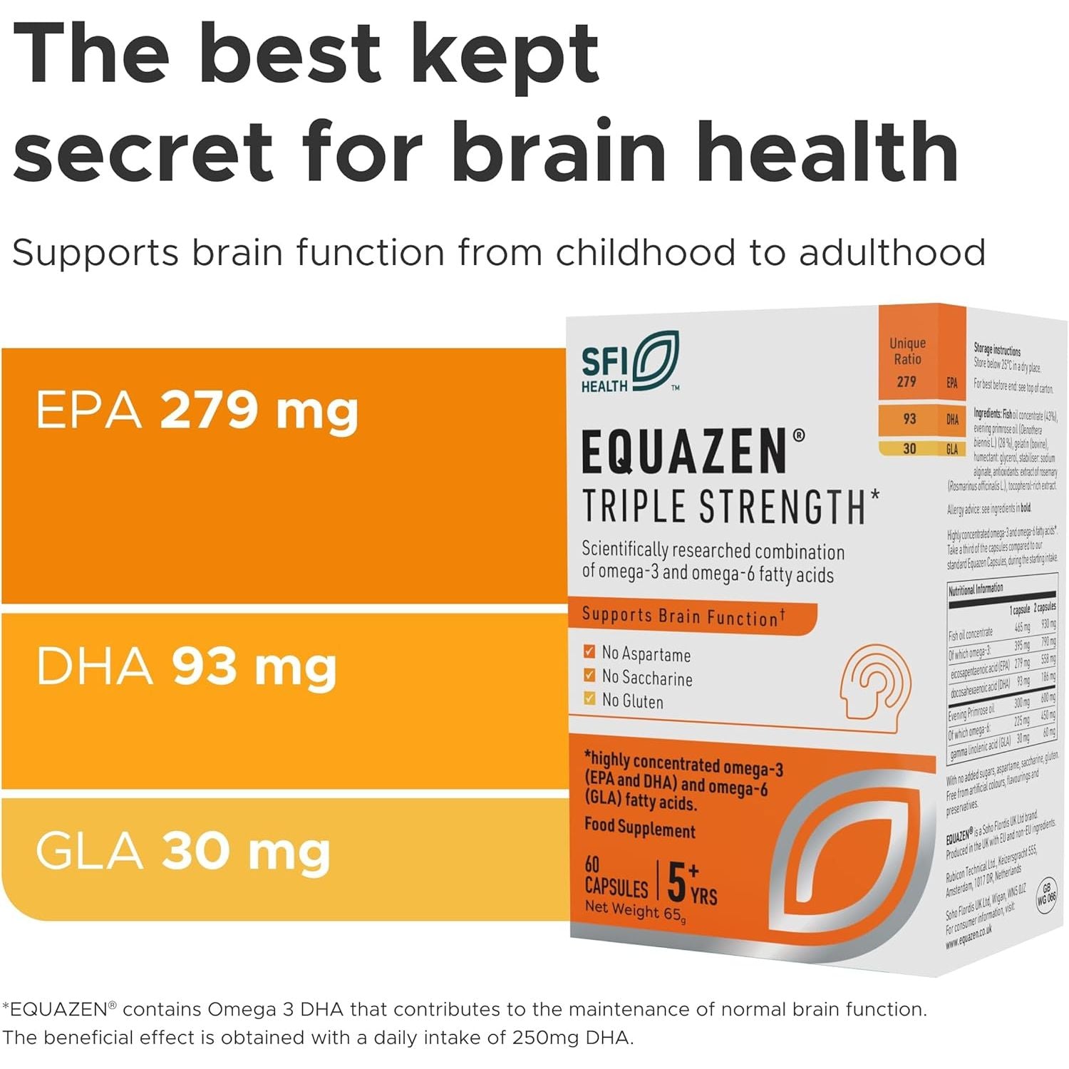 EQUAZEN Triple Strength Blister| Omega 3 & 6 Supplement | Blend of DHA, EPA & GLA | Supports Brain Function | Suitable from 5 Years Old to Adults | 60 One-A-Day Capsules