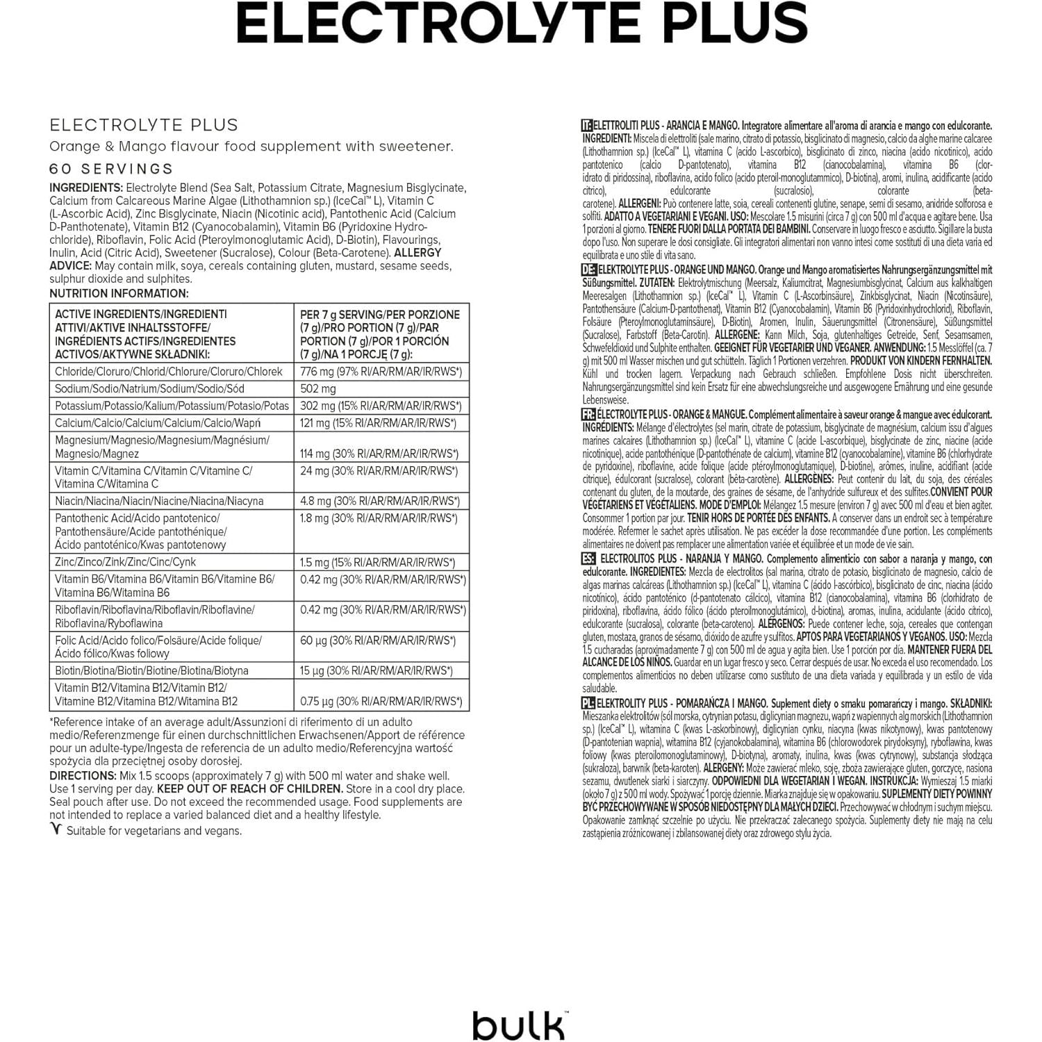 Bulk Electrolyte Plus, Orange & Mango Flavour, 210G, 30 Servings, Replenishes Electrolytes, Boosts Hydration, Supports Muscle Function & Performance, Vegan-Friendly
