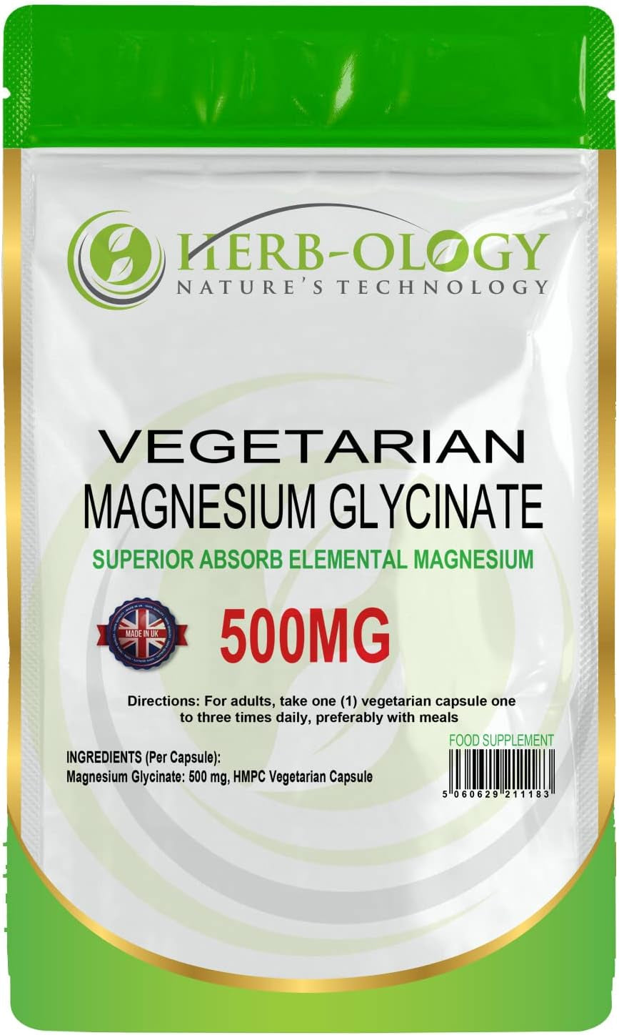 Herb-Ology Magnesium Glycinate Capsules | 120 Vegan Capsules | Magnesium Supplements | 500Mg per Capsule | Highly Bioavailable, Dairy Free & Manufactured in the UK