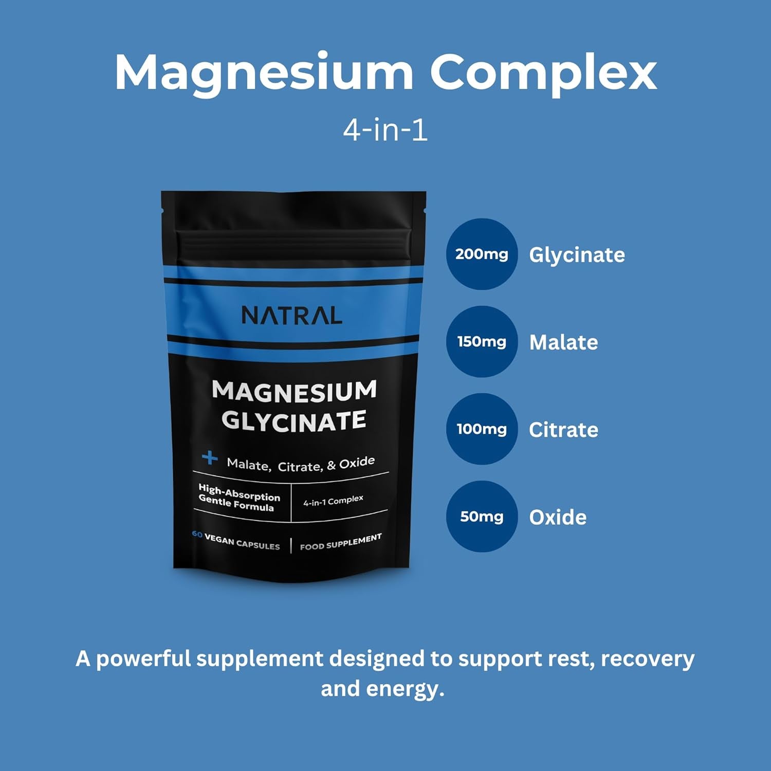 Magnesium Glycinate 4-In-1 Complex with Bisglycinate, Citrate, Malate, and Oxide- Superior Absorption - 60 Vegan Capsules - for Sleep & Muscle Function