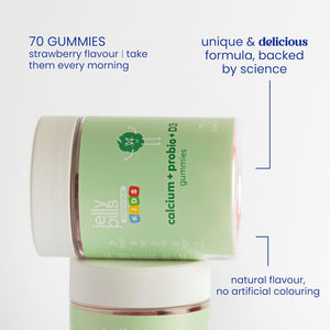 Jelly Pills Calcium for Kids + Probiotics & Vitamins D3 and K2-70 Vegan Gummies - No Added Sugars - Strawberry Flavor - Bone & Teeth Support