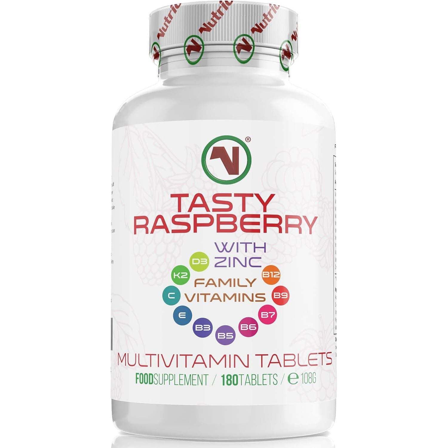 Nutriodol Tasty Raspberry Multivitamin Tablets, 180 Chewable Vegetarian and Vegan Friendly Tablets, Suitable for Adults and Children from 3 Years of Age.