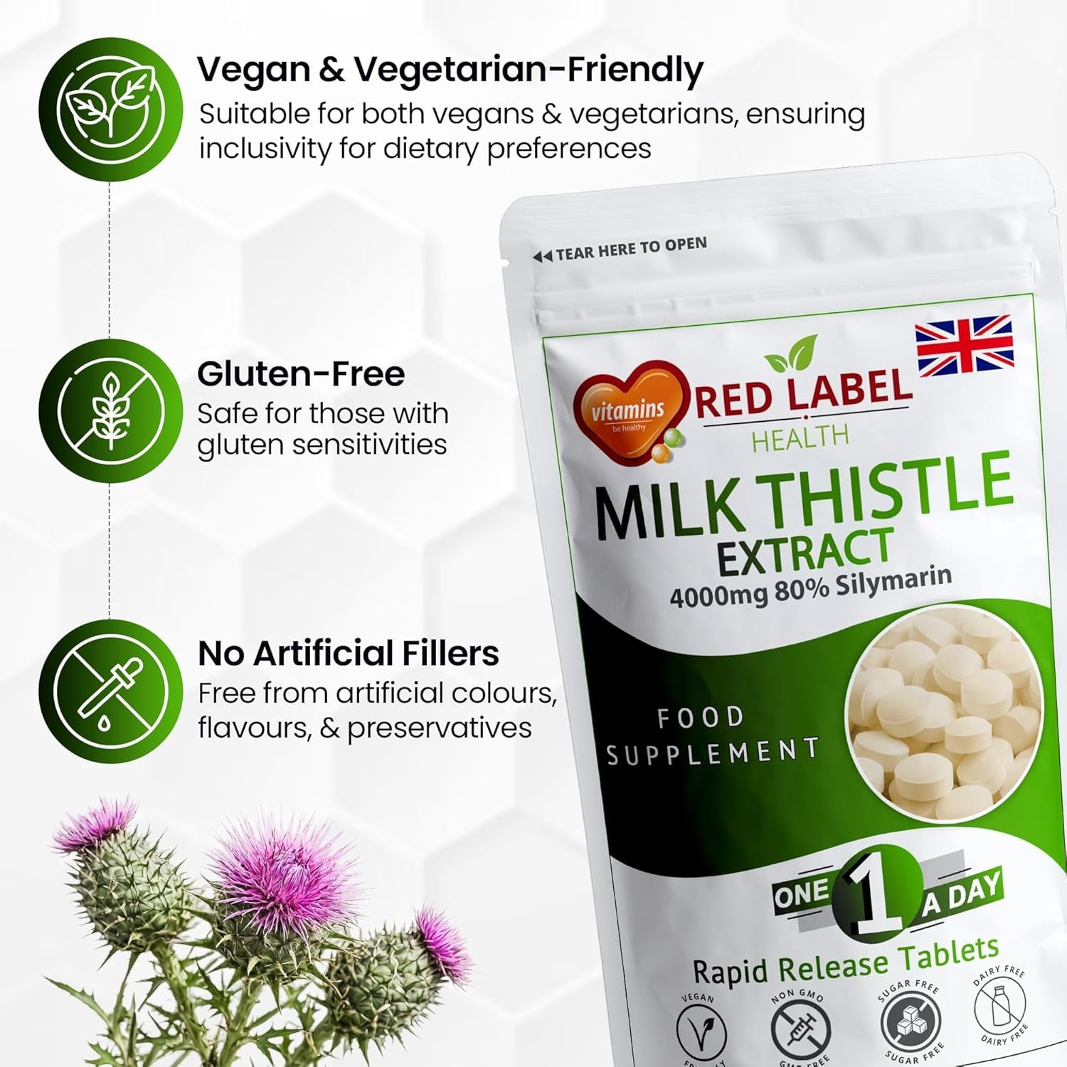 Red Label Health Milk Thistle 365 Tablets 4000Mg High Strength Silymarin Extract Vegan Made in the UK