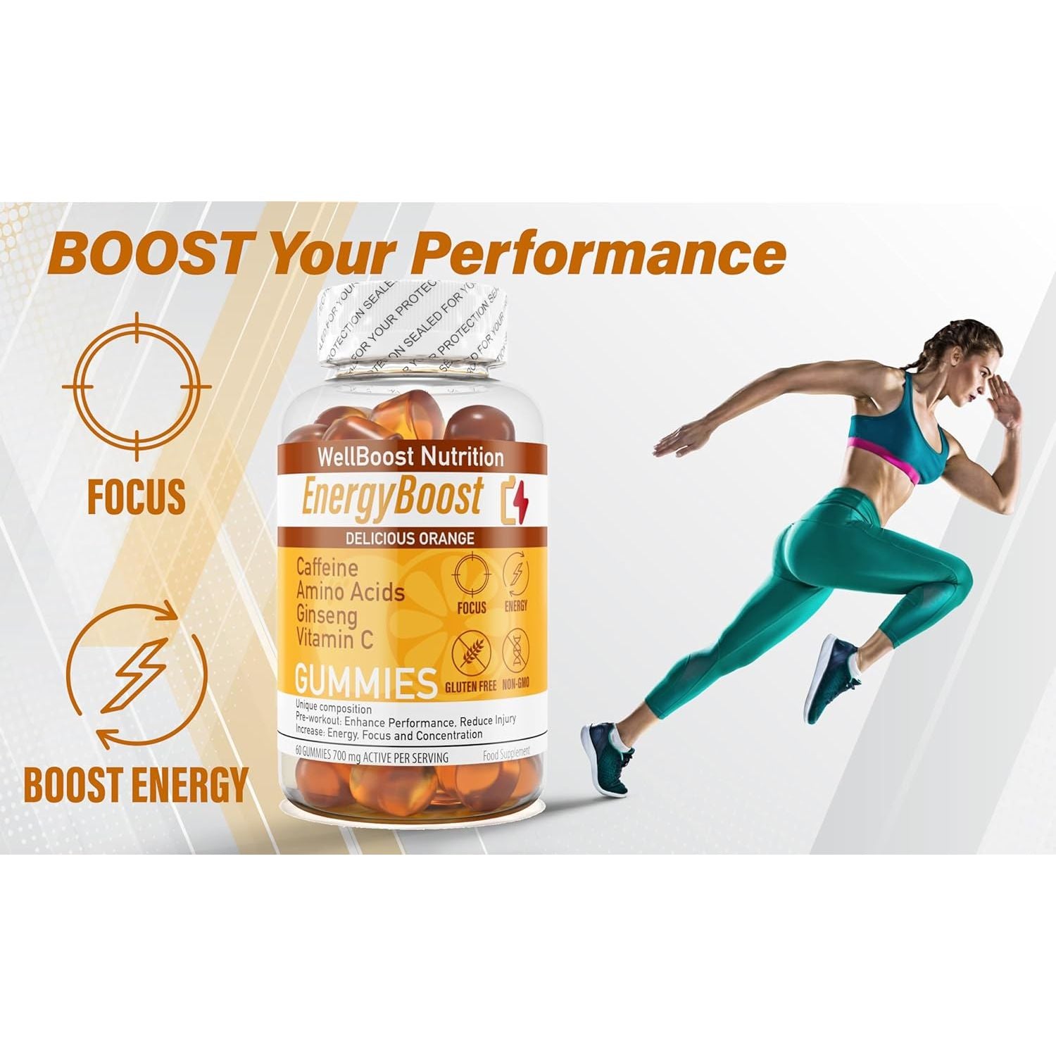 Energy Boost - Pre Workout, Caffeine, Ginseng, VIT C, L-Carnitine, Beta-Alanine, Chewable Gummies for Men & Women - 60 Gummies - Orange Flavour, Suitable for Vegans