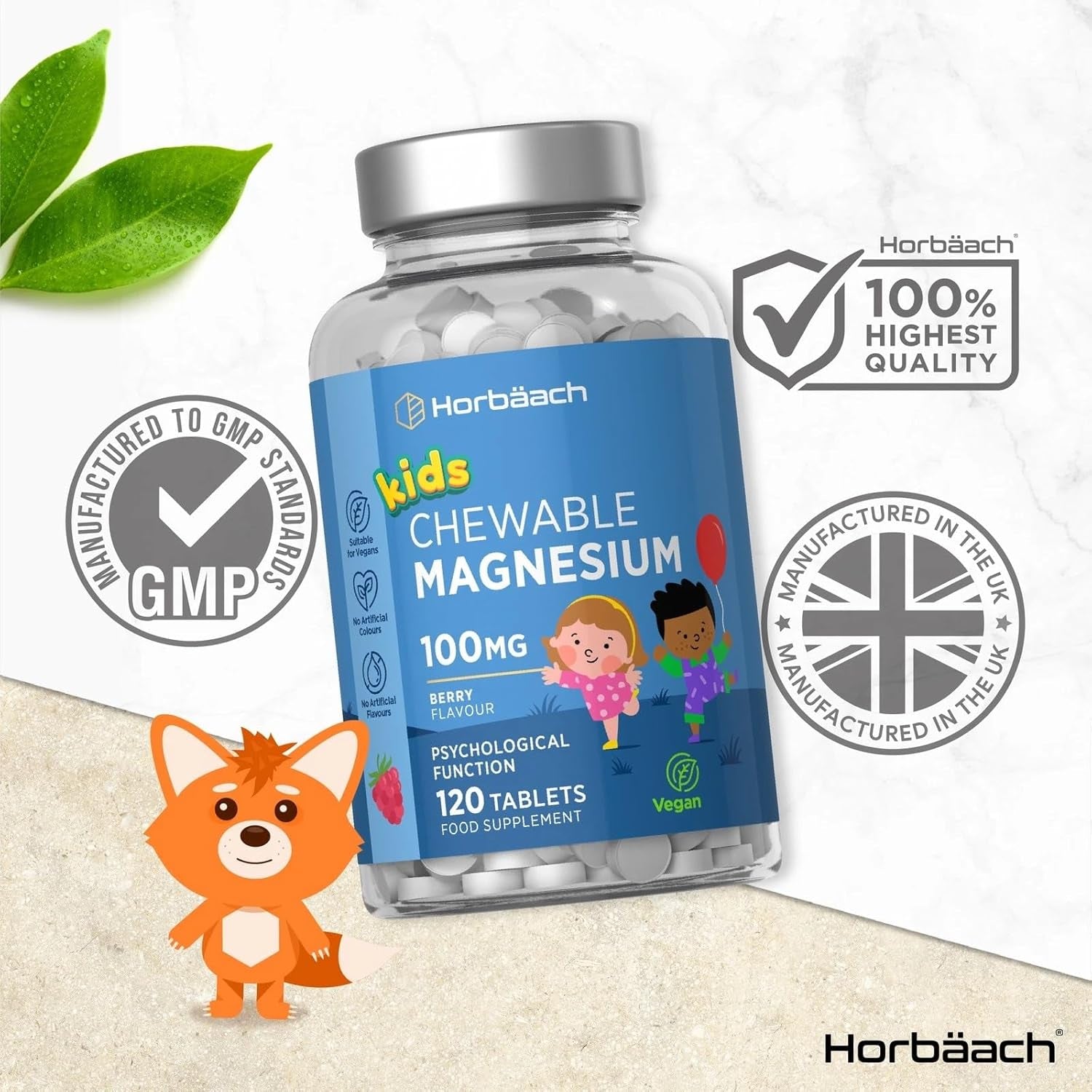 Kids Magnesium Chewable Tablets 100Mg | Berry Flavour | 120 Count | Magnesium Citrate Tablets for Children Aged 4+ (Not Gummies) | Vegan | No Artificial Preservatives | by Horbaach