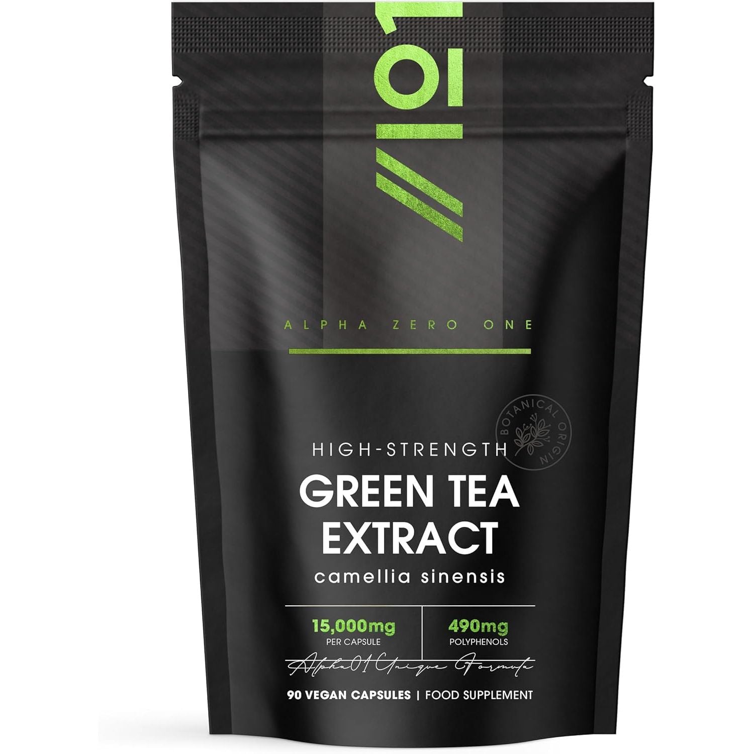 Green Tea Extract 15,000Mg - 95% Polyphenols (490Mg per Capsule) - 90 Vegan Capsules (3 Months Supply) - Resealable and Recyclable Pouch - by Alpha01