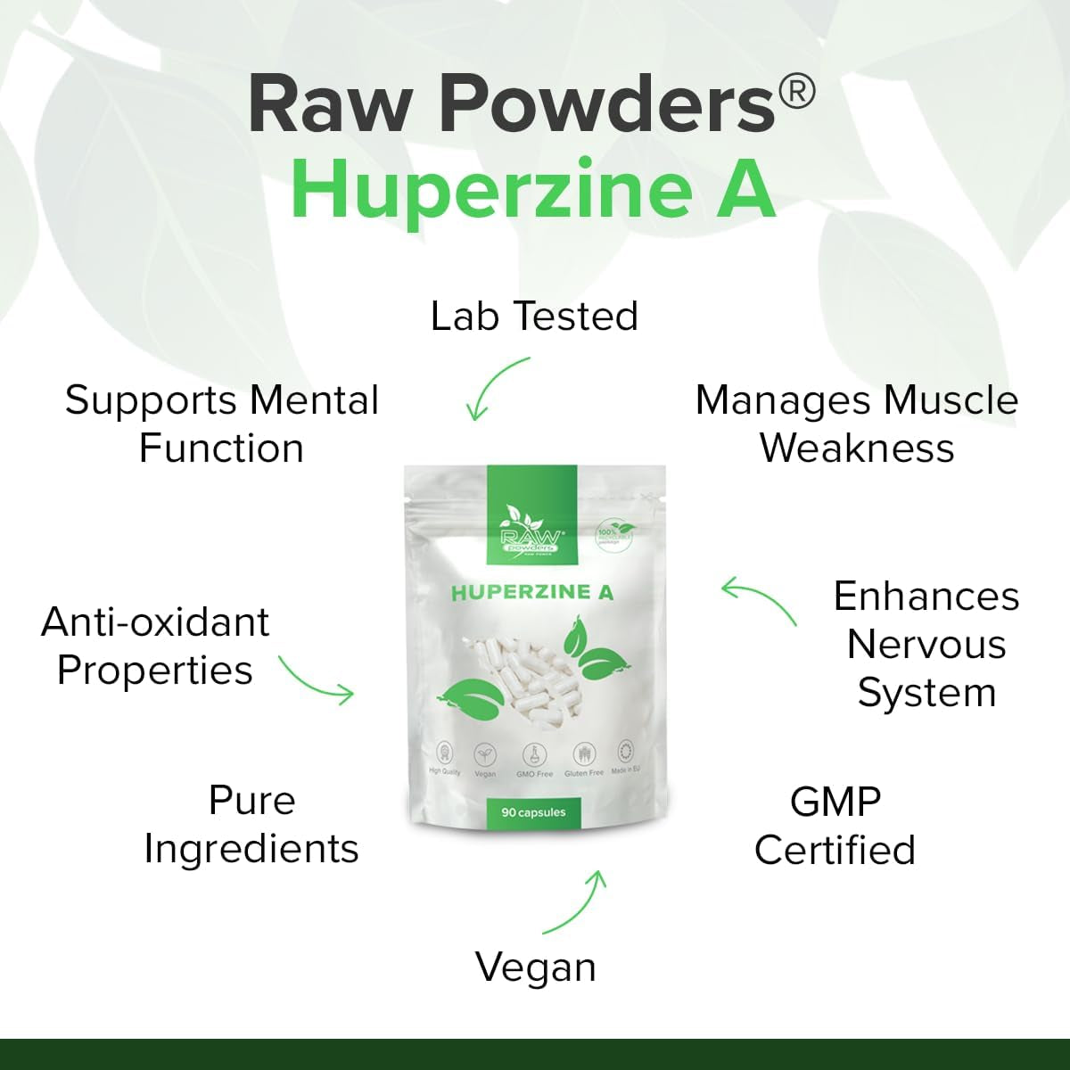 Huperzine a 225Mcg, 90 Caps – Memory & Cognitive Support – Pure Ingredients, GMO & Gluten Free – GMP Certified Nootropic Supplement by Raw Powders