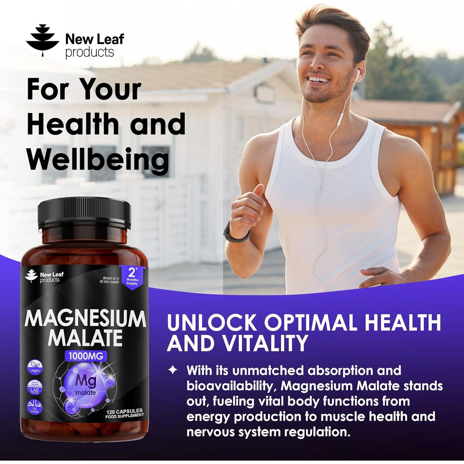 Magnesium Supplements 1000Mg - Pure Magnesium Malate Capsules - Bones & Sleep Support - High Absorption Elemental - Vegan High Strength - 2 Months Supply