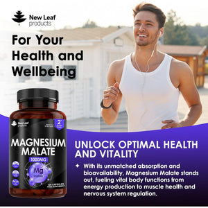 Magnesium Supplements 1000Mg - Pure Magnesium Malate Capsules - Bones & Sleep Support - High Absorption Elemental - Vegan High Strength - 2 Months Supply