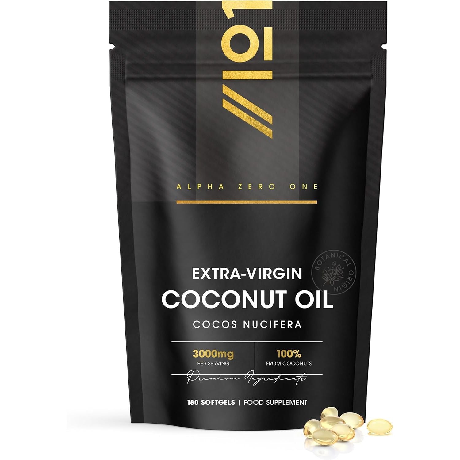 Coconut Oil Capsules 3000Mg – 180 Softgels – Cold Pressed Extra Virgin Coconut Oil – Resealable and Recyclable Pouch by Alpha01