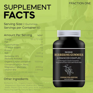 Fraction One Berberine Gummies – 120 Gummies – 1500 Mg per Serving, Ceylon Cinnamon 1000Mg and Vitamin B12, Magnesium Glycinate 400Mg – Supports Immunity, Improve Metabolism – Vegan – 60 Days Supp