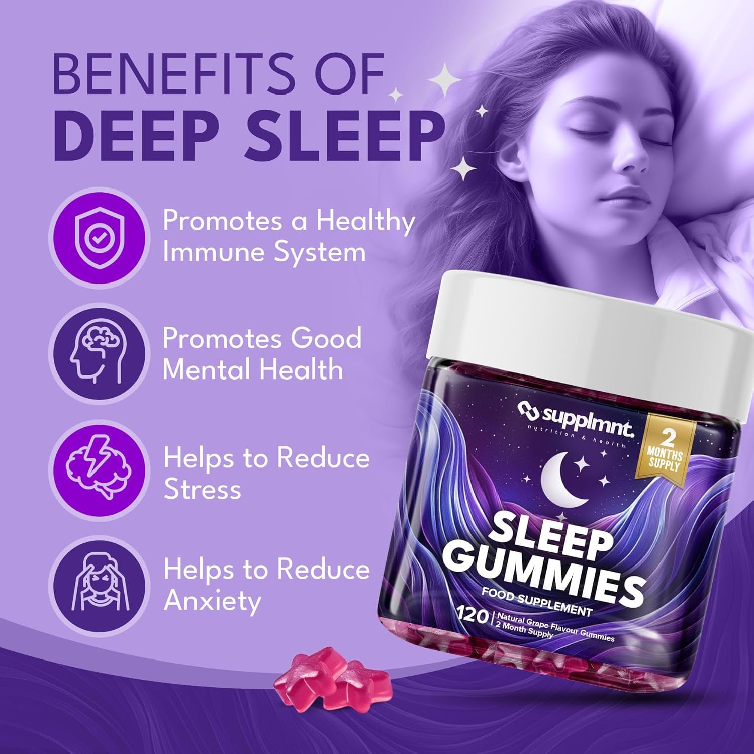 Supplmnt. Sleep Gummies for Adults | 2-Month Supply Sugar Free, Vegan – with Natural 5HTP Griffonia Seed & Valerian Root Extract, Magnesium, L-Theanine, Glycine | Grape Flavour Sleep Supplement, 120Ct