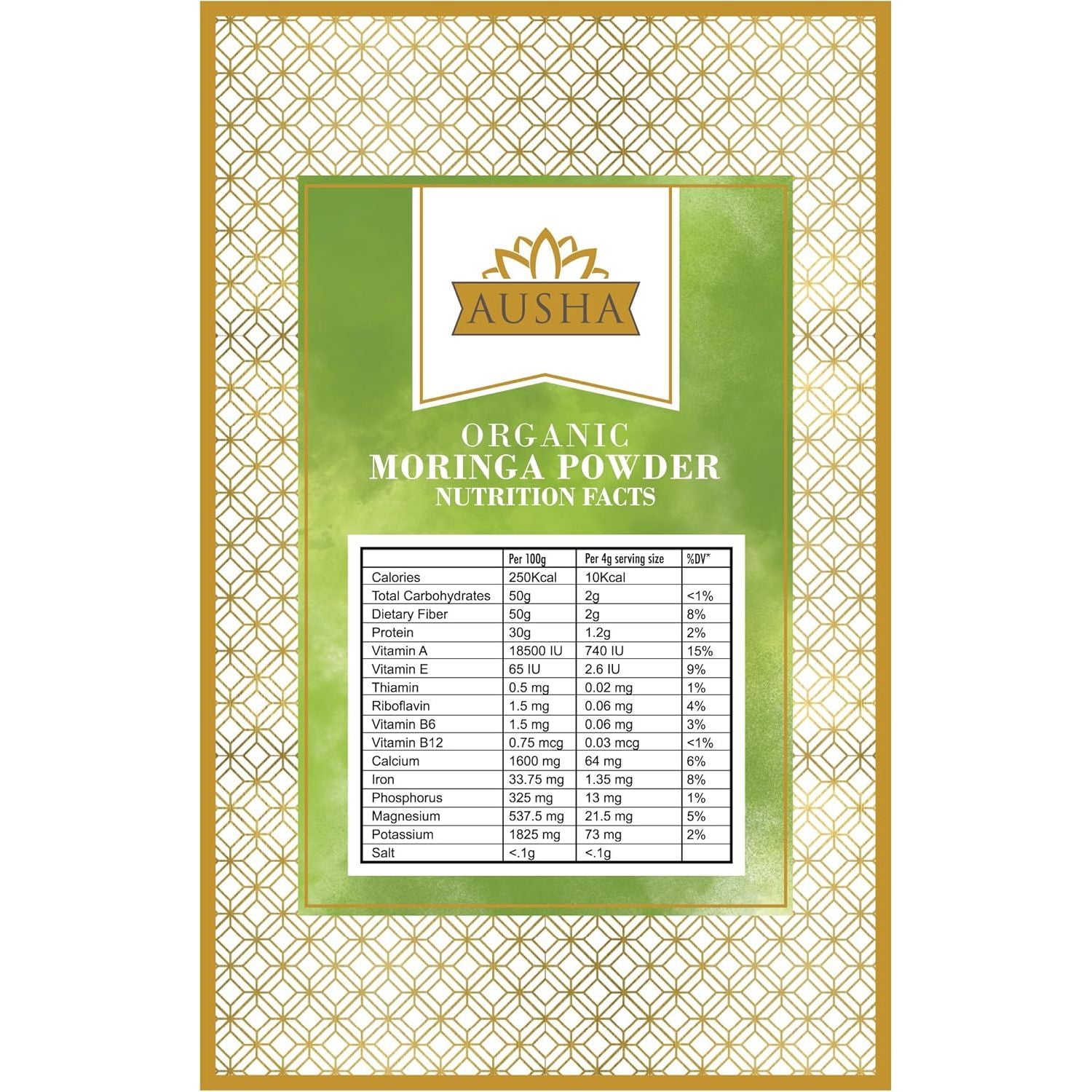 Ausha Organic Moringa Powder 100 G - UK Certified Organic by Soil Association - Oleifera Leaf - Source of Protein, Amino Acids, Antioxidants, Dietary Fibre, Vitamins & Minerals