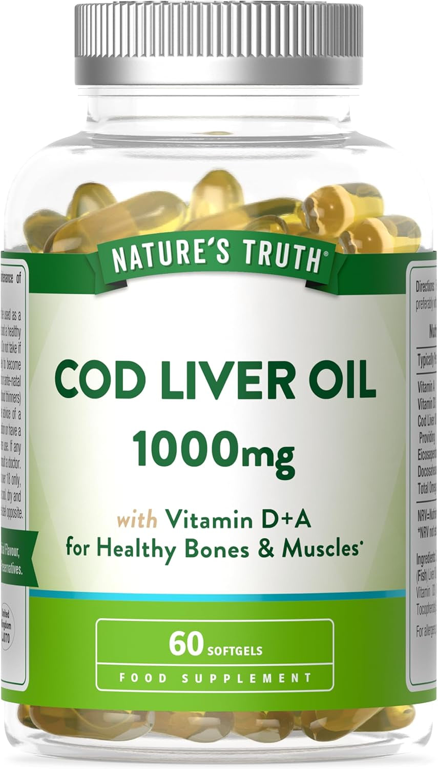 Cod Liver Oil Capsules High Strength | 1000Mg | with Omega 3, Vitamin D and a | Providing DHA & EPA | 60 Softgels | Nature'S Truth