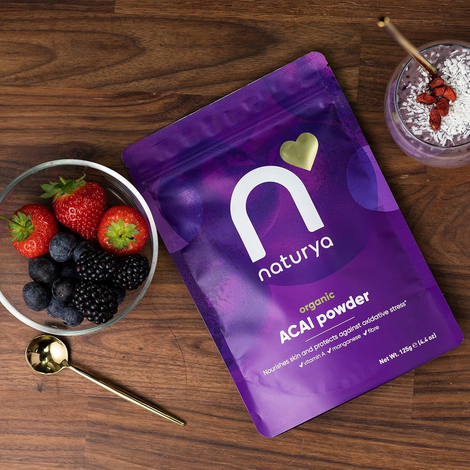 Naturya Organic Açaí Powder - Wild-Harvested from Amazonian Açaí Palms, Rich in Manganese & Vitamin A, High in Fibre, Antioxidant Superfood, Gluten-Free, Vegan - 125G Pouch
