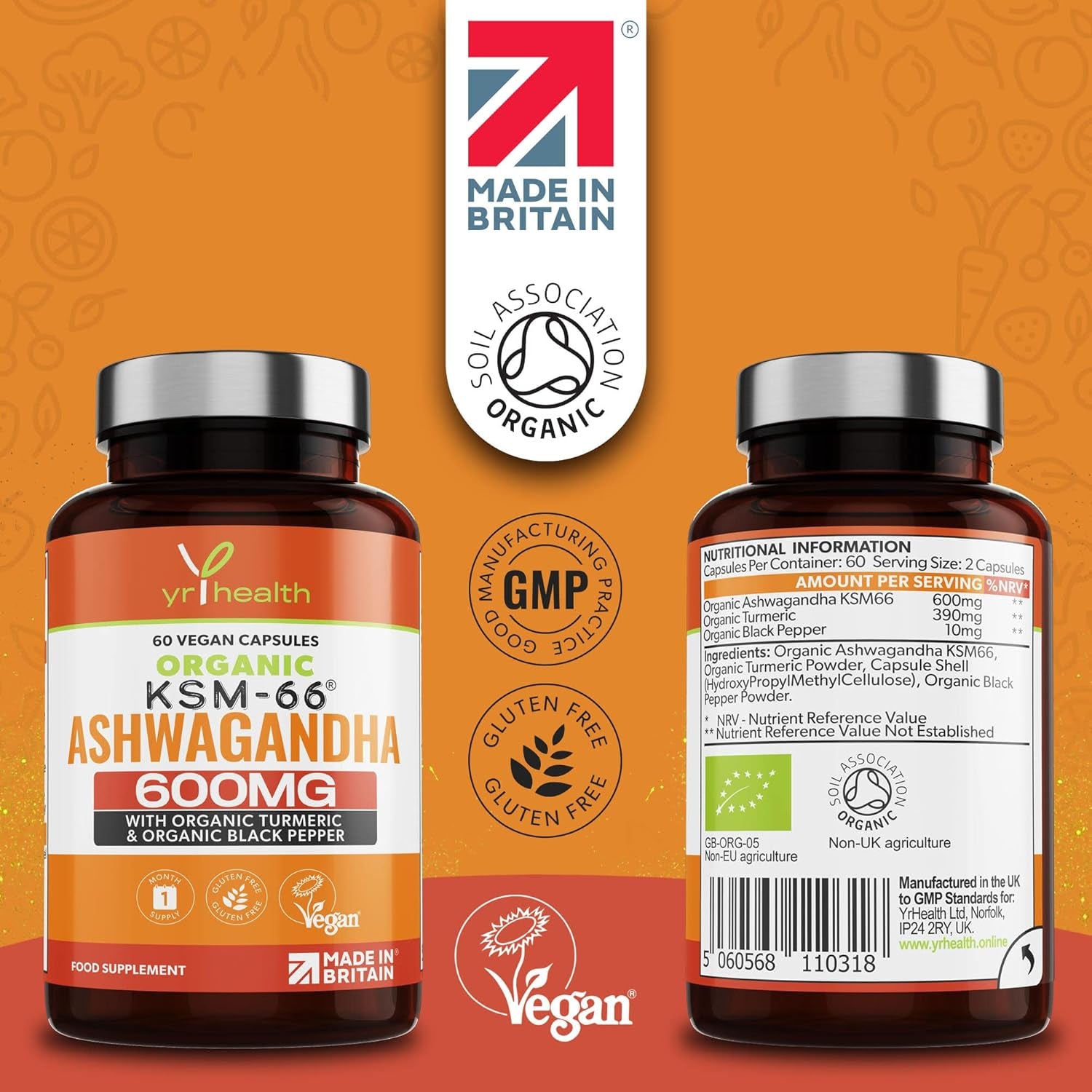 Organic Ashwagandha KSM-66 Capsules 5% Withanolides Added Organic Turmeric and Black Pepper, Certified by Soil Association, Vegan Registered Ashwagandha Powder Capsules, Made in the UK by Yrhealth
