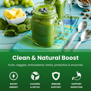 Vital Vibe Super Greens Powder 30 Servings - with Prebiotics, Probiotics & 3G Fiber - Spirulina, Chlorella for Gut Health, Energy & Digestion - Mango Flavor, Vegan, Zero Sugar